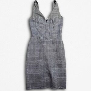 Lucid Pink Grey Glen Plaid Corset Bodice V-Neck Sleeveless Mini Dress Bodycon